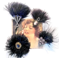 1920s Headpiece, Antique Feathers, Deco Dress Clips, Black, Various Styles