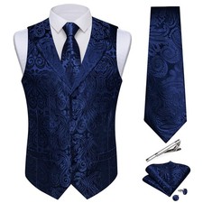 Mens Suit Vest Tie Set Silk Paisley Navy Blue Waistcoat and Necktie Handkerch...