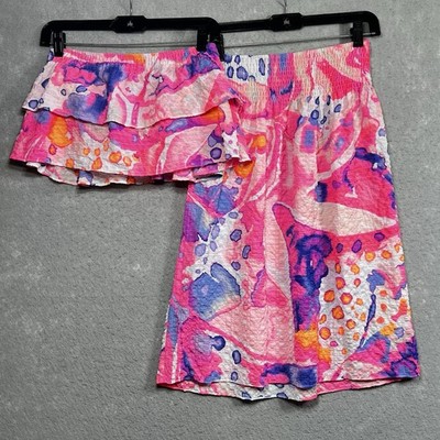 Lilly Pulitzer 2 Piece Set Womens XS Pink Multi Ruffle Strapless Crop Top Skirt