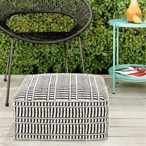Safford 20" WD Outdoor/Indoor Pouf in Black/White Recycled Polyester & Assembled - Picture 2 of 7