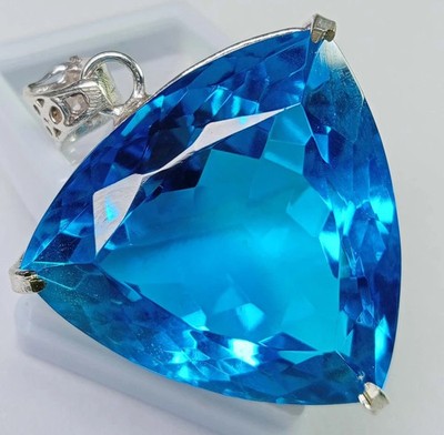 121 Ct Natural Blue Topaz Pendant Trillion Shape 925 Silver Chain IGL Gems 6YHM