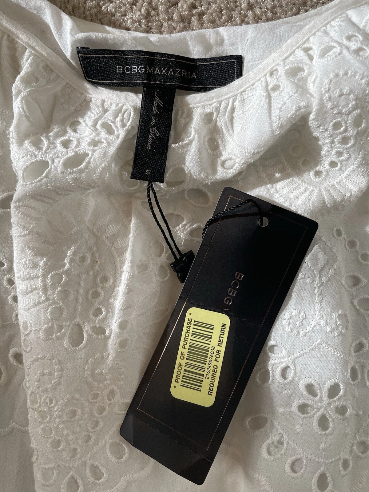 OFF WHITE Nuovo con etichetta! BCBGMAXAZRIA prendisole babydoll cotone occhielli bianco sporco taglia small $368