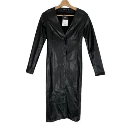 faux leather dress v neck midi INSPIRE CHIC Faux Leather Dress for Women's Button Down V Neck Party Club Midi Dresses