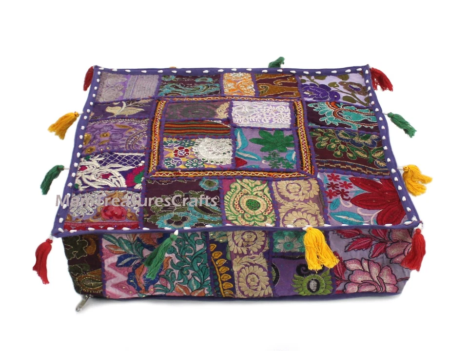 Purple Patchwork Square Floor Pillow Bohemian Decorative Pillow Vintage Cover AU - Image 2 of 4