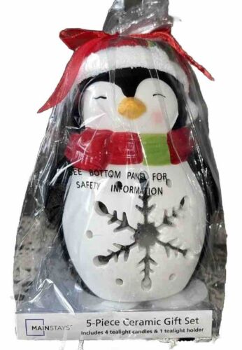 Soporte de luz de té de pingüino de Navidad de cerámica con 4 velas excelente. - Imagen 1 de 11