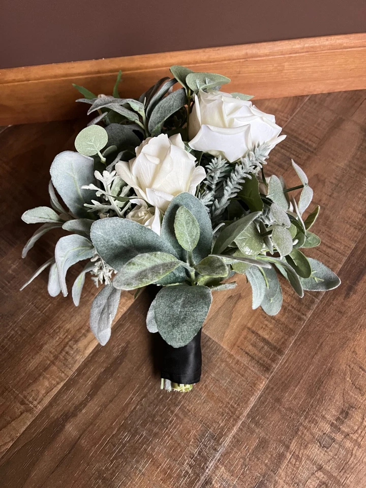 Hand Made Wedding Bouquet | Artificial Real Touch Flowers + Vase | ~14-15" - Image 3 of 4