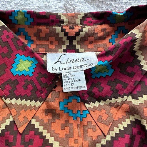 Linea by Louis Dell’Olio 100% Silk Tunic Top Women 1X  Multicolor Geometric Boho - Picture 11 of 11