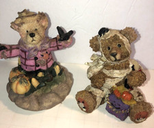 Vintage Bear With Pumpkin Collection Halloween Figurines Lot Of 2 Fun Fall Decor