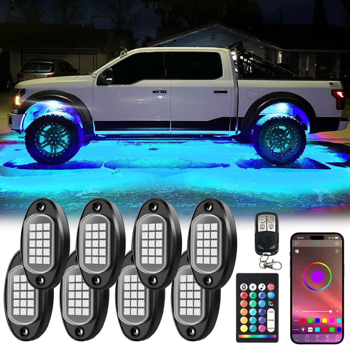 Aazon.co: 16 Pods RGB LED Rock Lights For Sei Trucks Offroad Pickup - Foto 5