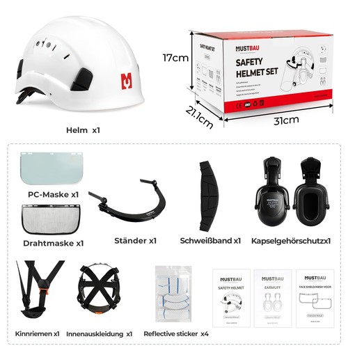 MUSTBAU Sicherheitshelm Schutzhelm Set EN397 mit Ohrschützern und Netzvisier - Foto 7 di 7
