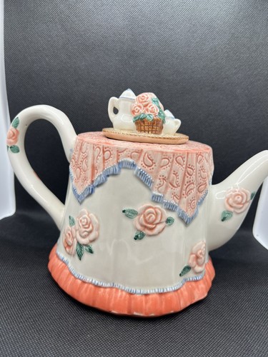 1988 Fitz and Floyd Picnic Rose Cottagecore Floral Teapot Vintage Easter Pastel - Picture 5 of 9
