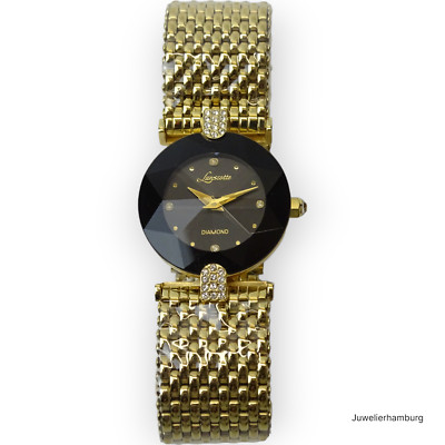 Lanscotte Black Diamond Damenuhr Edelstahl Gold Quarz mit Swarovski -Kristall
