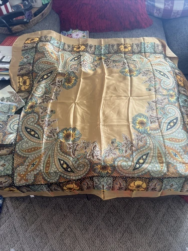 Turquoise Gold Beige Large Print Scarf 100% Poly Unbranded 35” Square Set Of 4