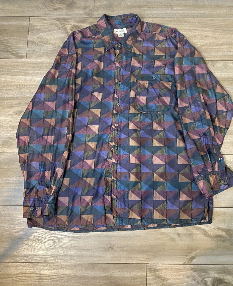 Camisa informal vintage Bogari Studio Top para hombre XL geométrica 100 % seda Foto 3 de 4