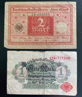 1920 Germany 1 & 2 Mark Banknote Pair Weimar Republic Post WWI Currency