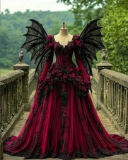 Burgundy Victorian Prom Dress 3D Rose Appliques Corseted Lace Up A-Line Long