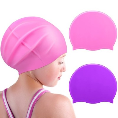 2 Pack Kids Large Swimming Cap for Long Hair Waterproof Silicone Swim Cap for