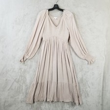 Baltic Born Dress Womens Medium Beige Swiss Dot Smocked Maxi Long Sleeve Boho