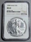 1998 $1 American Silver Eagle Coin - NGC graded MS69 - 1oz Fine Silver