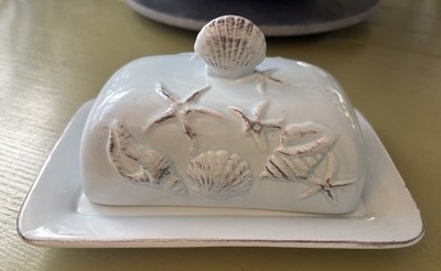 REDUCED - Laguna Coastal Blue Butter Dish w/Ocean Sea Shells Blue Sky Kitchen