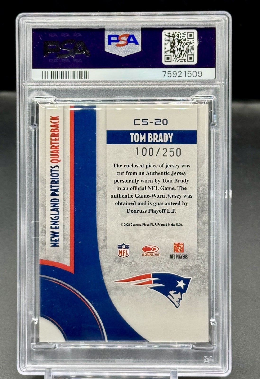 2008 Donruss Threads Tom Brady Game Worn Patch 100/250 PSA 9 POP 6 None Higher view 2