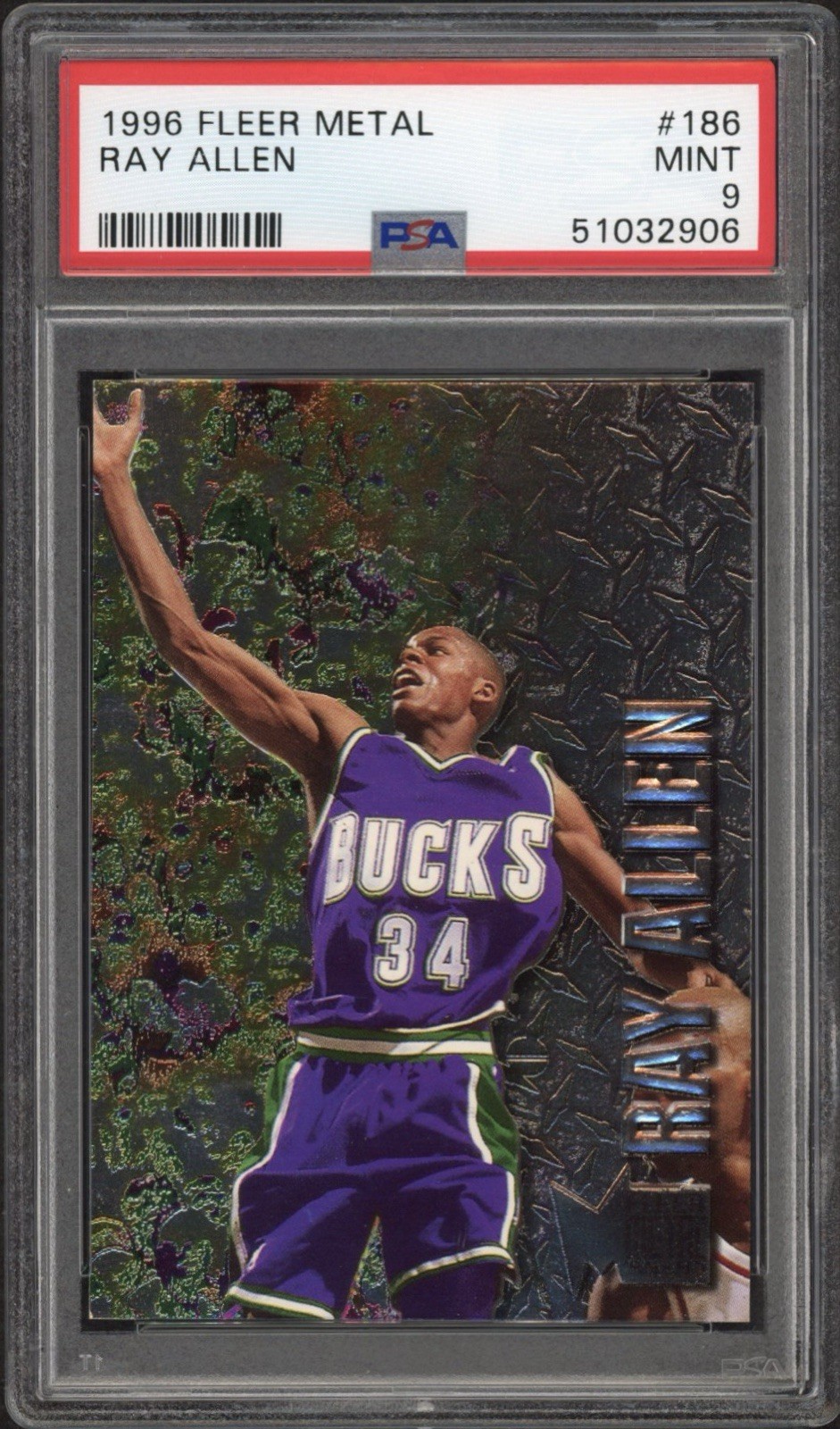 1996 Fleer Metal Ray Allen Rookie RC #186 PSA 9 Mint HOF Milwaukee Bucks