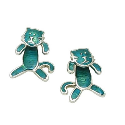 Berbie Teal Blue Enamel Cat Earrings Pierced Articulated Dangle Feline Kittens