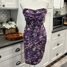Guess Strapless Purple Ruched Bodycon Dress M Abstract Print Y2K Party Grunge