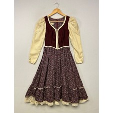 Gunne Sax Vintage Prairie Dress Womens XS Burgundy Floral Lace 70s Boho Dress