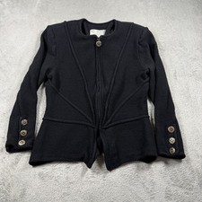 St John Collection Marie Gray Jacket Womens 6 Black Zip Front Knit Gold Buttons