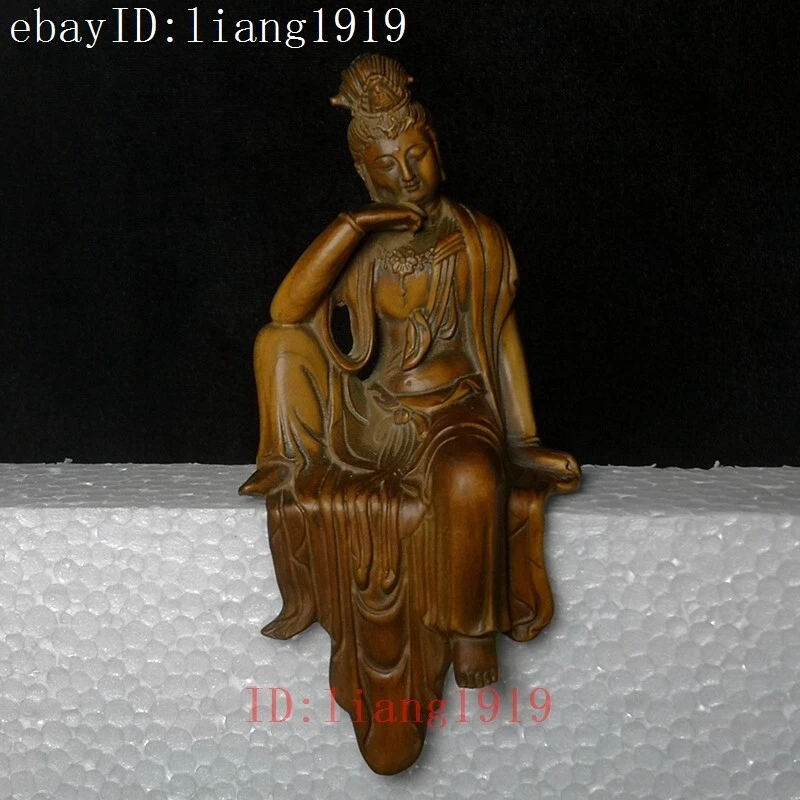 H 5英寸老式中国方木手工雕刻Avalokitesvara关音佛像 — 第 4/4 张图片