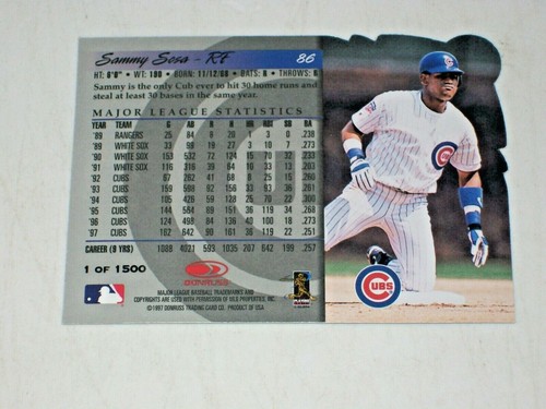 1998 Donruss Silver Press Proof #86 Sammy Sosa Chicago Cubs /1500 - Picture 3 of 3