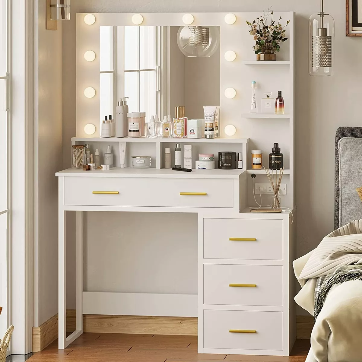 White Makeup Vanity with 10 Light Bulbs Modern Vanity Table with Mirror  &Outlets