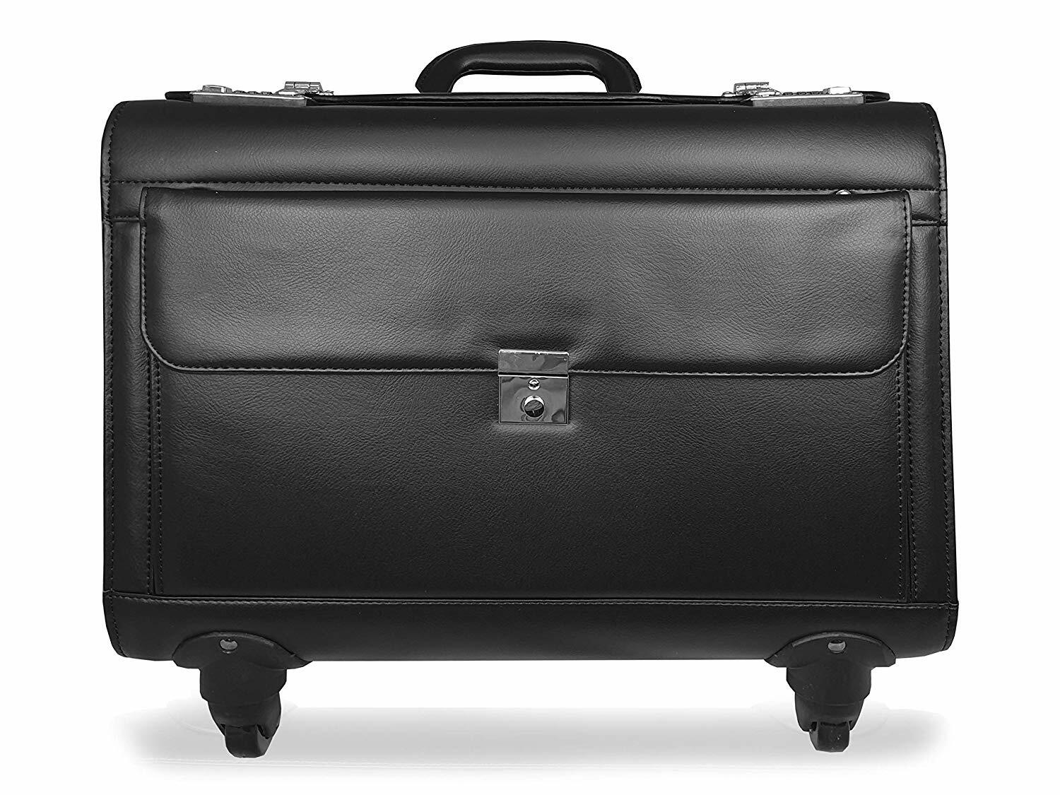 Large Quality Leather Pilot Case Wheeled Laptop Trolley Flight Bag Hand