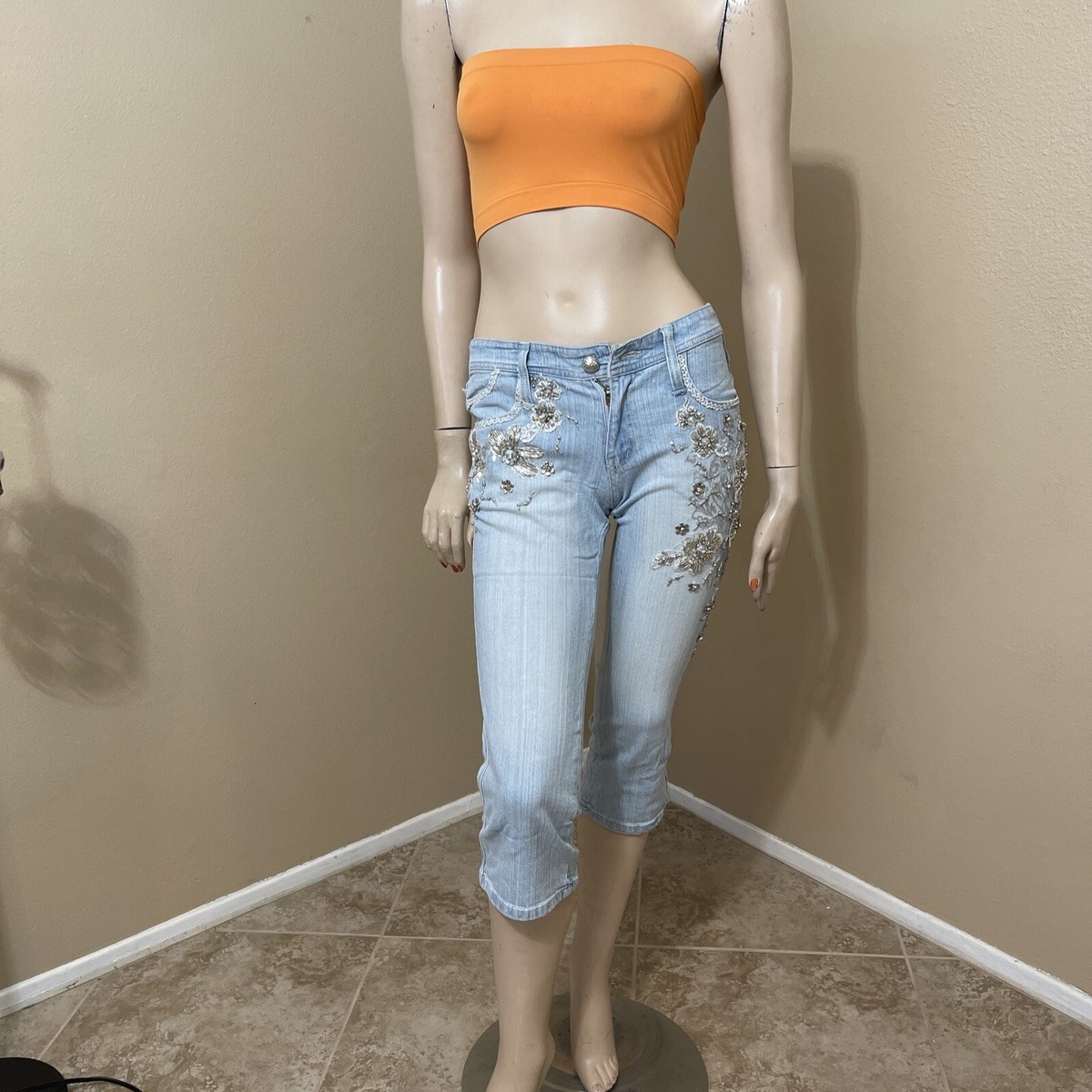 Women's Blue Denim Cotton Casual Bead Lace Embroidered Size L(8-10