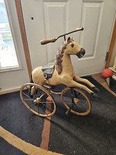 Antique Victorian Child's Hand Carved Wooden Horse Pedal Tricycle