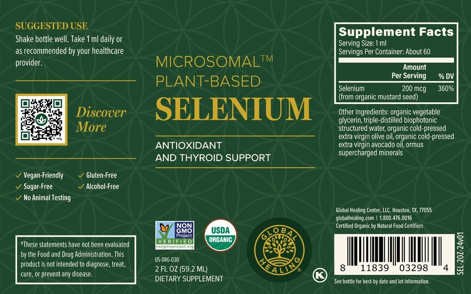 Selenio Global Healing 200 mcg para soporte de tiroides - 2 fl oz, paquete de 2 Foto 2 de 4