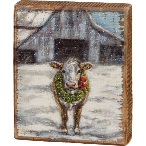 Cow With Wreath Small 4.5" H Block Sign - Picture 1 of 3