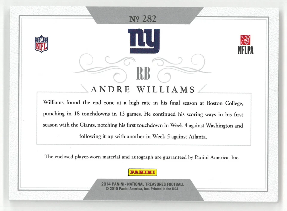 2014 Panini National Treasures ANDRE WILLIAMS #282 ~ Auto Patch 22/44 - Image 2 of 2