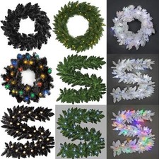 Pre Lit Christmas Garland Wreaths LED Hanging Ornament Wall Door Xmas Home Decor
