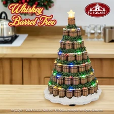 FG Square Whiskey Barrel Tree Star LED Lights Christmas Village Decor 5.5x5.5x8"