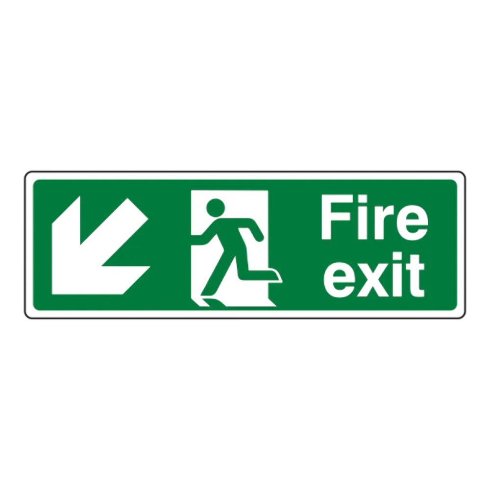 Fire Exit Sign - Arrow Down Left - 450x150mm - Self Adhesive Vinyl