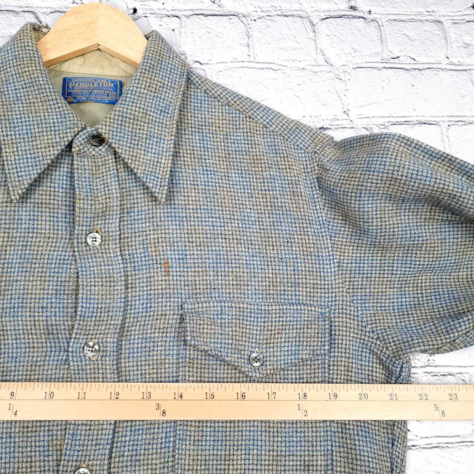 Vntg Pendleton Wool Shirt Mens 15.5 Blue Gray Che… - image 12