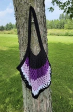 Large Crocheted Cotton Market Bag (Black, Purple, & White)