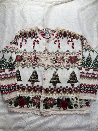 VTG Heirloom Collectibles Cardigan Sz L Knit Sweater Christmas Holiday Tree Bead