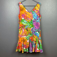 LAUREN RALPH LAUREN Women's 8 Floral-Print V-Neck Sleeveless Dress Pockets 