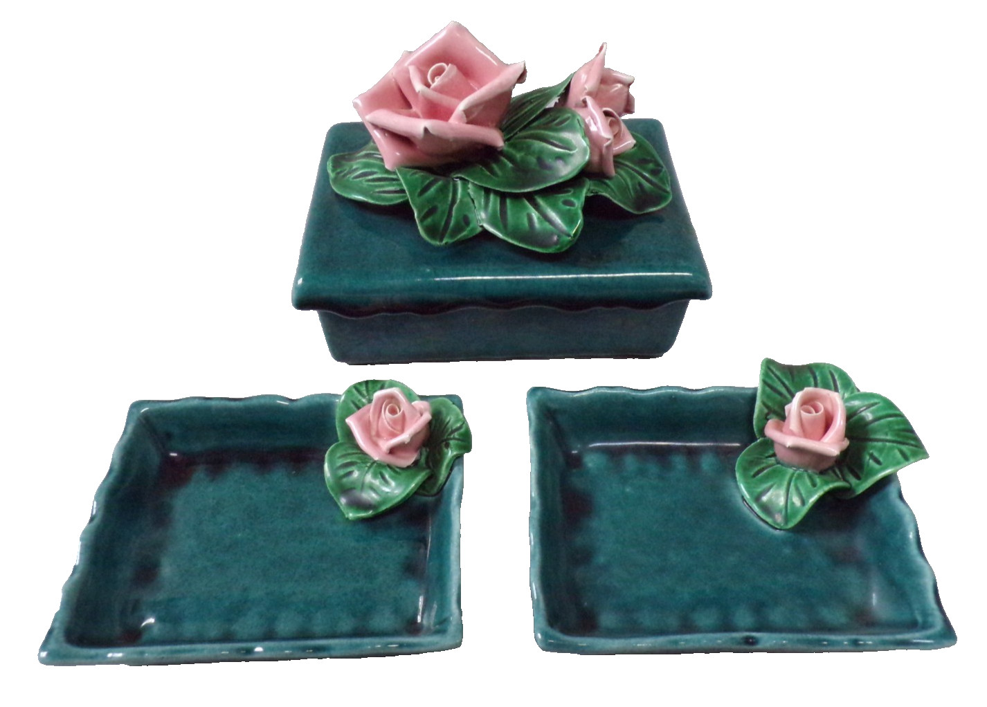 4 Piece Set Vintage Vanity Trinket Box With Lid And Open Trays Pink Rose Decor