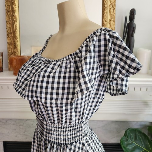 Black White Gingham Midi Dress Smocked Trumpet Hem Ruffle Cottagecore Sz S - Picture 8 of 11
