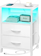Yoobure Nightstand with Charging Station, LED Night Stand with Fabric Drawers an