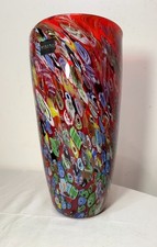 Tall vintage Murano Italian hand blown red millefiori art glass vase sculpture
